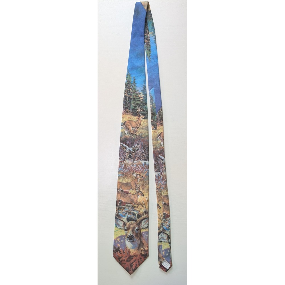 Ralph Marlin 1995 Mens Deer Wildlife Hunting Scene Necktie Blue Brown Novelty
